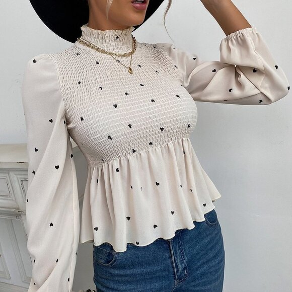 Apricot Boho Heart Print Bishop Sleeve Stand Collar Frill Trim Ruffle Hem Blouse - Picture 5 of 5